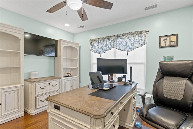 office area featuring ceiling fan, visible vents, and dark wood-style flooring