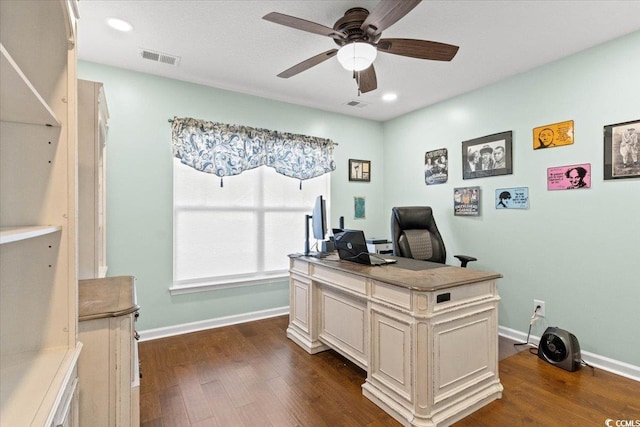 556 Cedar Lakes Dr, Little River, SC 29566 - office featuring a ceiling fan, dark wood finished floors, and recessed lighting