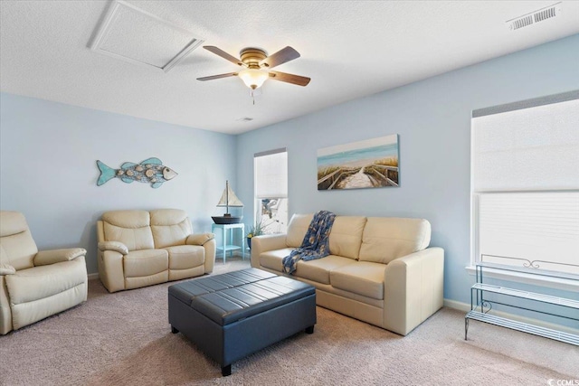 living area with carpet floors, visible vents, attic access, a textured ceiling, and baseboards