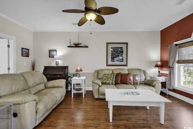 living area featuring crown molding, a ceiling fan, baseboards, and wood finished floors