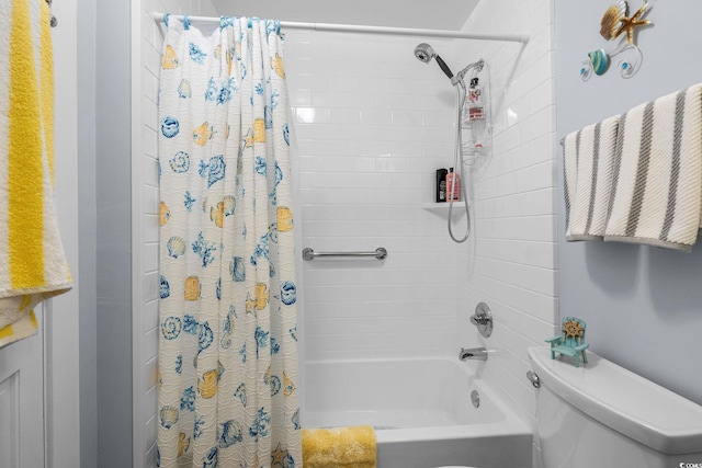 full bath featuring toilet and shower / bath combo with shower curtain