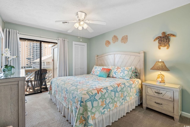 bedroom with ceiling fan, carpet, access to outside, and a textured ceiling