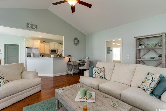 living room featuring ceiling fan, high vaulted ceiling, and wood finished floors