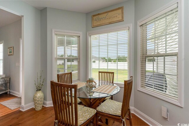 dining room featuring wood finished floors and baseboards