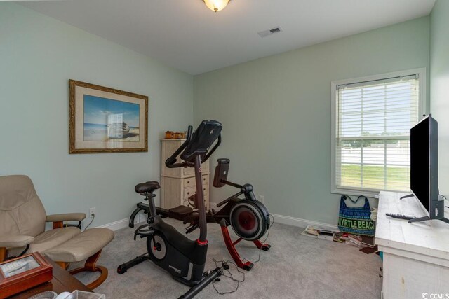 exercise room featuring carpet floors and baseboards