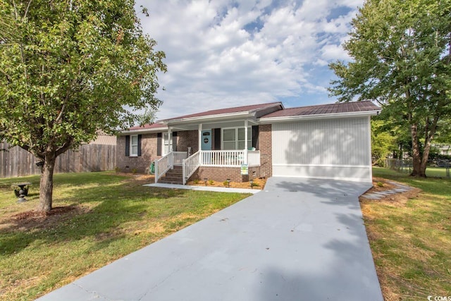 single story home with a porch, concrete driveway, crawl space, fence, and a front lawn