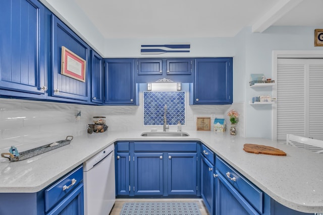 kitchen featuring decorative backsplash, a sink, blue cabinets, dishwasher, and a peninsula