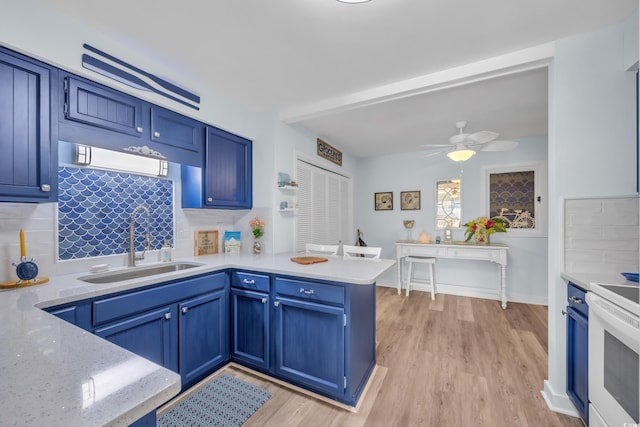 kitchen featuring white electric stove, a peninsula, a sink, light wood-style floors, and decorative backsplash