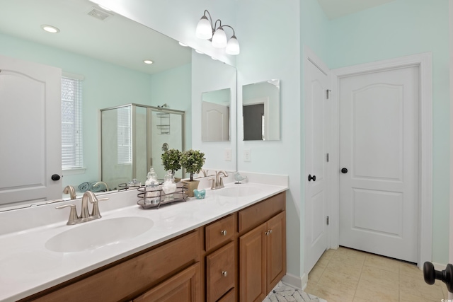 bathroom with a stall shower, visible vents, a sink, and double vanity