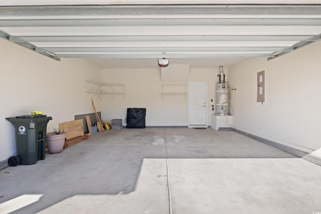 garage featuring strapped water heater, electric panel, baseboards, and a garage door opener