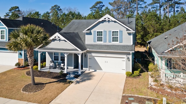 view of front of property featuring a porch, roof with shingles, driveway, and an attached garage