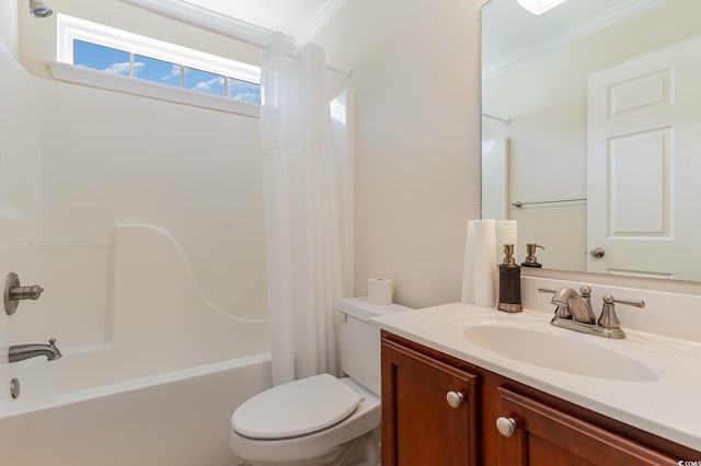 bathroom with toilet, shower / bathtub combination with curtain, crown molding, and vanity