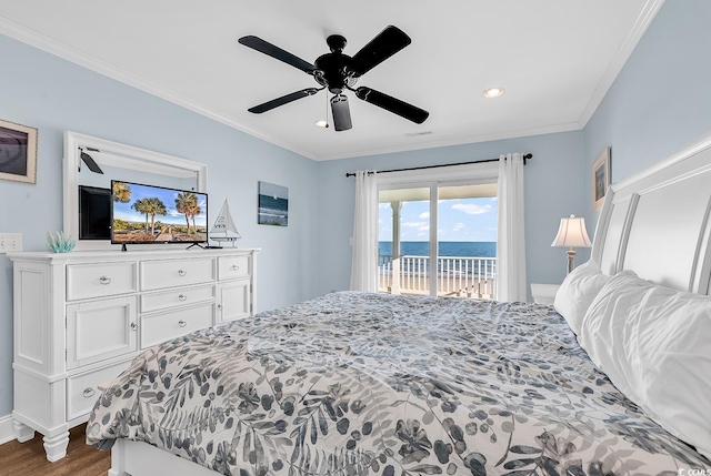 bedroom with ceiling fan, recessed lighting, access to outside, ornamental molding, and dark wood finished floors