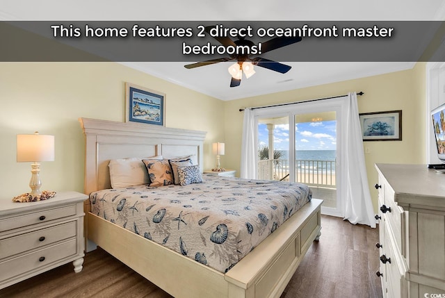 bedroom with dark wood-style floors, access to outside, and ceiling fan