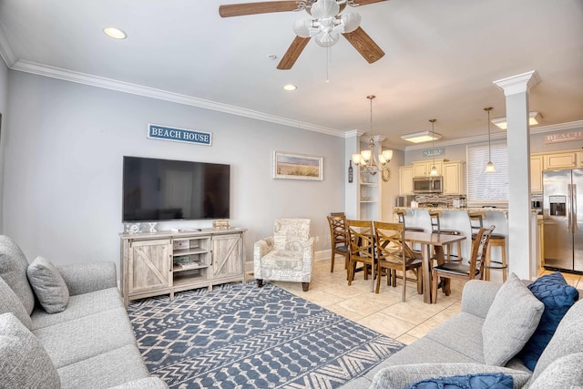 living room with ornamental molding, recessed lighting, light tile patterned flooring, and ceiling fan with notable chandelier