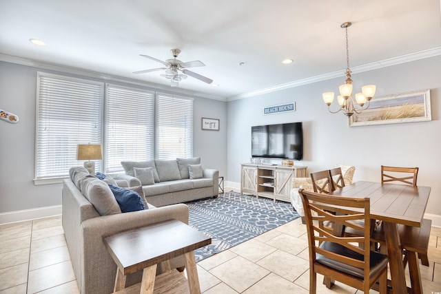 living area featuring crown molding, baseboards, and light tile patterned floors