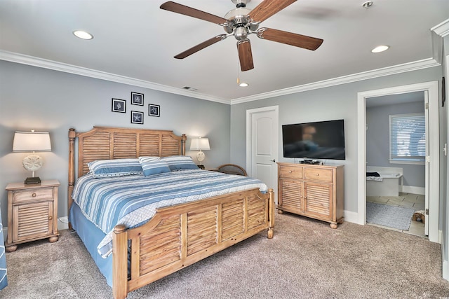 carpeted bedroom featuring visible vents, baseboards, ceiling fan, crown molding, and recessed lighting