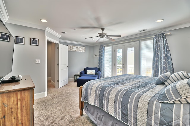 bedroom featuring carpet floors, french doors, visible vents, access to outside, and baseboards