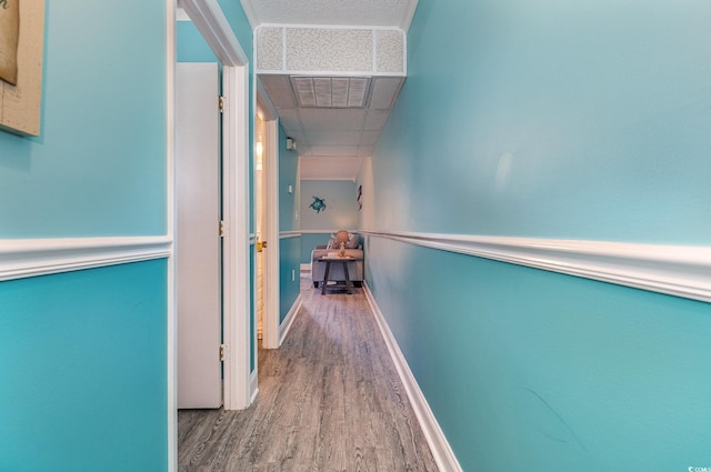 corridor featuring a drop ceiling, wood finished floors, visible vents, and baseboards