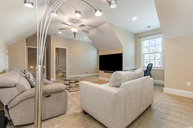 living room with lofted ceiling, recessed lighting, visible vents, a ceiling fan, and baseboards