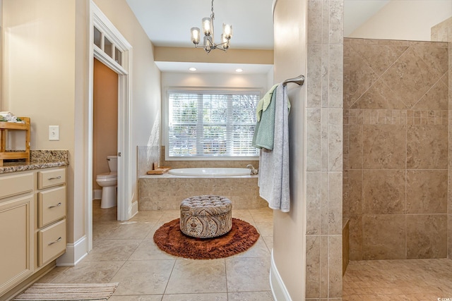 bathroom featuring toilet, a bath, tile patterned floors, a tile shower, and a notable chandelier