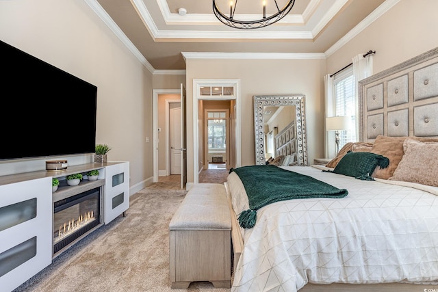 bedroom with light carpet, a chandelier, a raised ceiling, and crown molding