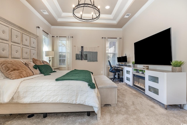 bedroom with crown molding, multiple windows, a notable chandelier, and light colored carpet