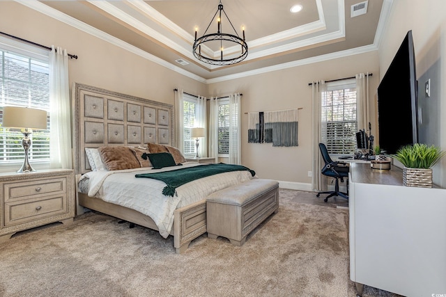 bedroom with light carpet, a raised ceiling, visible vents, and an inviting chandelier