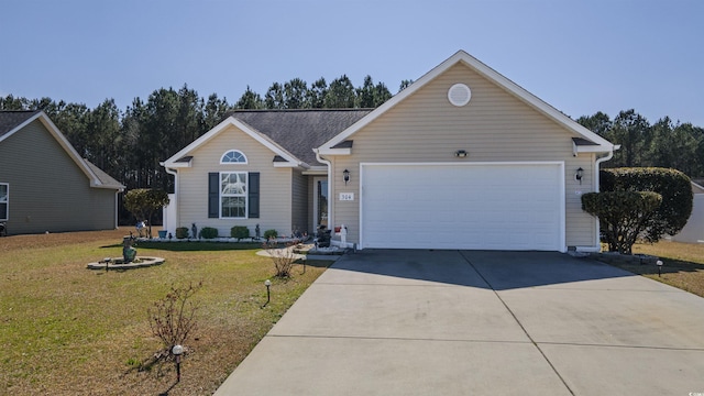 ranch-style home featuring driveway, an attached garage, and a front lawn