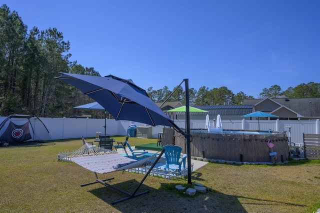 view of yard with a fenced in pool and a fenced backyard