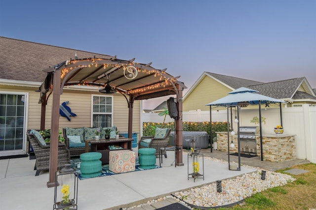 view of patio / terrace with grilling area, a fenced backyard, outdoor lounge area, and a pergola