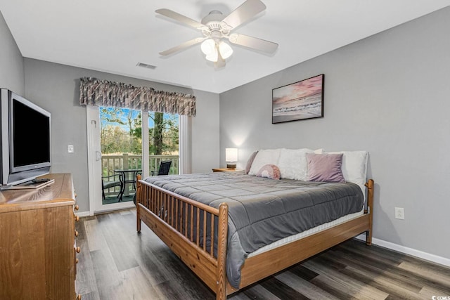 bedroom with access to exterior, baseboards, visible vents, and wood finished floors