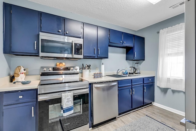 kitchen with stainless steel appliances, light countertops, light wood finished floors, and blue cabinetry