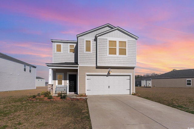 view of front of house featuring a front lawn, a porch, board and batten siding, concrete driveway, and an attached garage