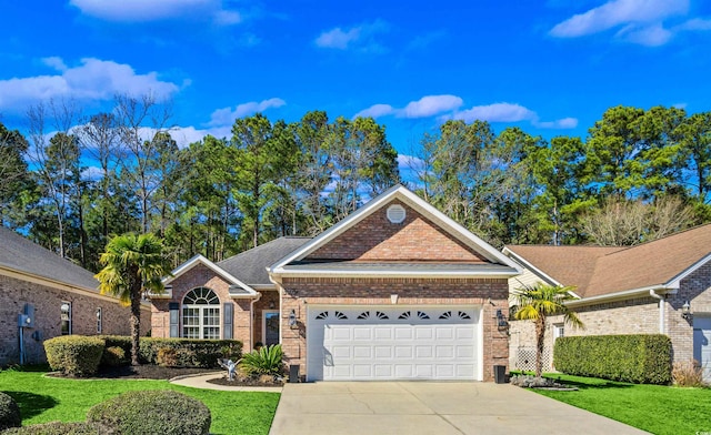 view of front of house featuring a garage, concrete driveway, brick siding, and a front lawn