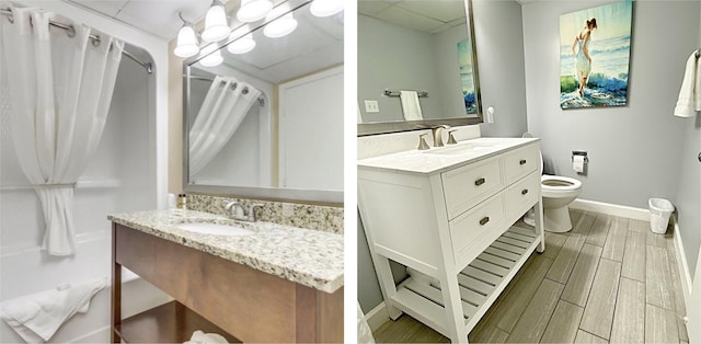 bathroom featuring toilet, vanity, baseboards, and wood finish floors