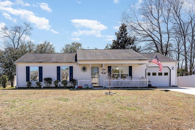 ranch-style home with covered porch, a front yard, fence, a garage, and driveway