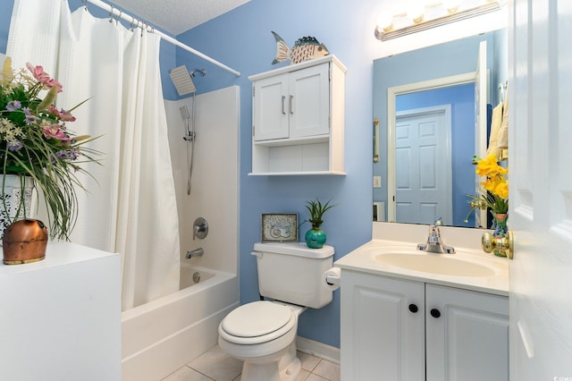 full bath with toilet, tile patterned floors, shower / bathtub combination with curtain, a textured ceiling, and vanity