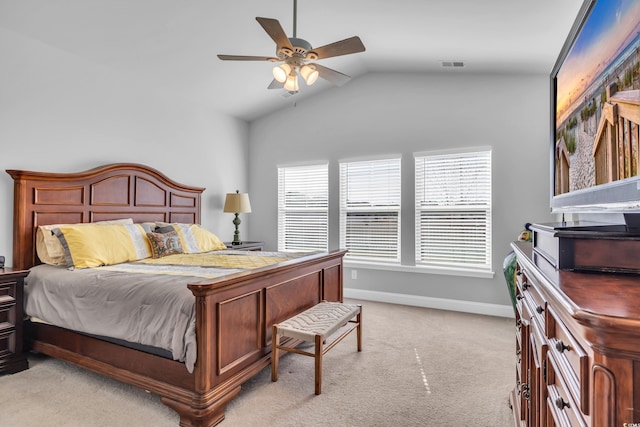 bedroom with light carpet, baseboards, visible vents, lofted ceiling, and ceiling fan