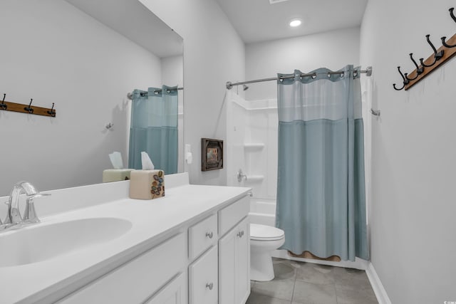 bathroom with shower / bathtub combination with curtain, vanity, toilet, and tile patterned floors