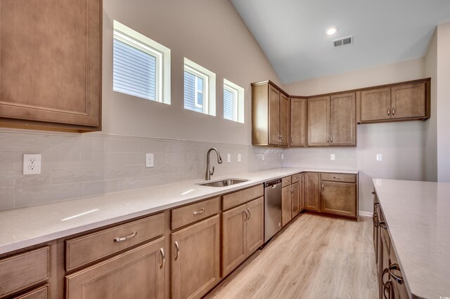 179 Glengrove Ln, Murrells Inlet, SC 29576 - kitchen with a sink, tasteful backsplash, dishwasher, lofted ceiling, and visible vents
