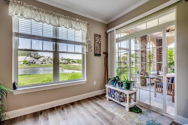 entryway featuring a wealth of natural light, baseboards, crown molding, and wood finished floors