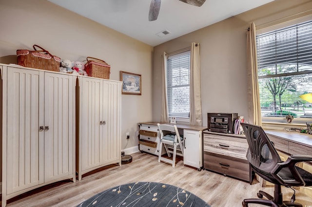 home office featuring visible vents, light wood-type flooring, baseboards, and ceiling fan