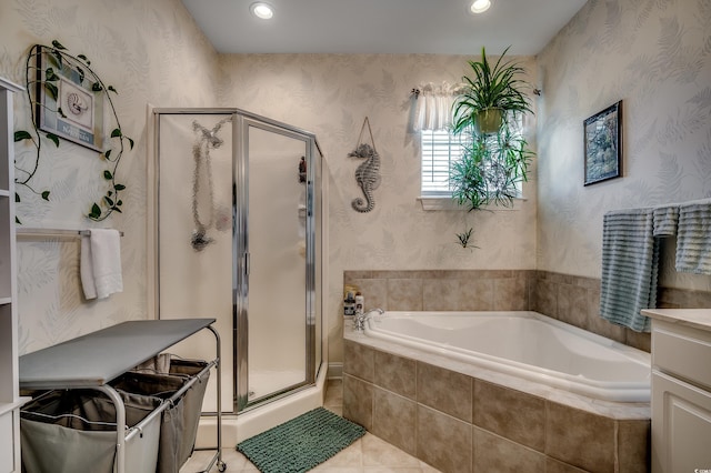 full bath featuring a shower stall, wallpapered walls, a garden tub, and recessed lighting