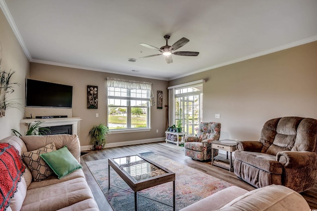 living area featuring crown molding, ceiling fan, a fireplace, wood finished floors, and baseboards