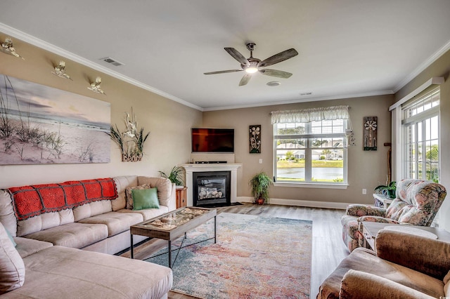 living room with ornamental molding, visible vents, ceiling fan, and wood finished floors