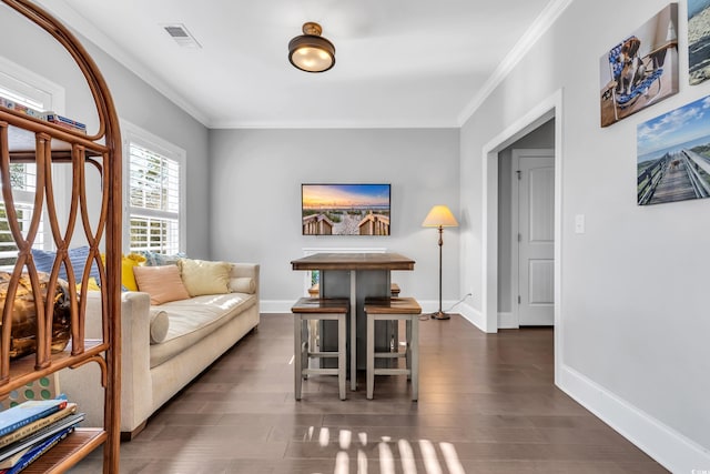 living area featuring ornamental molding, visible vents, dark wood finished floors, and baseboards