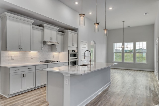 4036 Bucolic Loop, Myrtle Beach, SC 29588 - kitchen with under cabinet range hood, arched walkways, light wood-type flooring, a high ceiling, and an island with sink