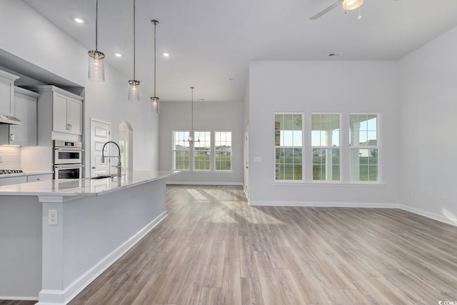 4036 Bucolic Loop, Myrtle Beach, SC 29588 - kitchen with light wood-style flooring, stainless steel double oven, a ceiling fan, recessed lighting, and a high ceiling
