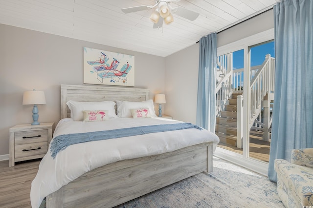 bedroom with wood ceiling, access to outside, a ceiling fan, and wood finished floors